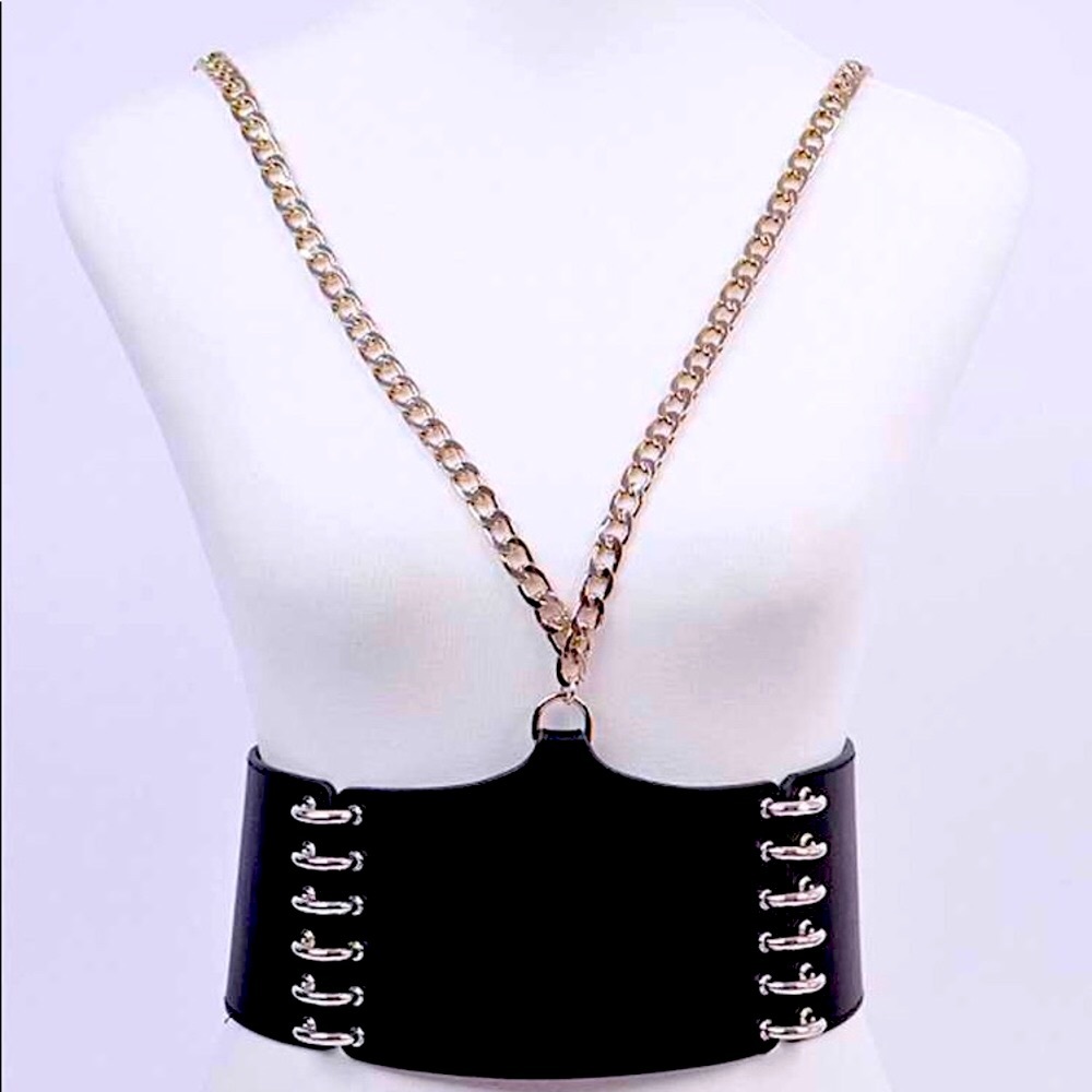 Black and Silver Metal Chain Shoulder Corset Harness Waist Belt